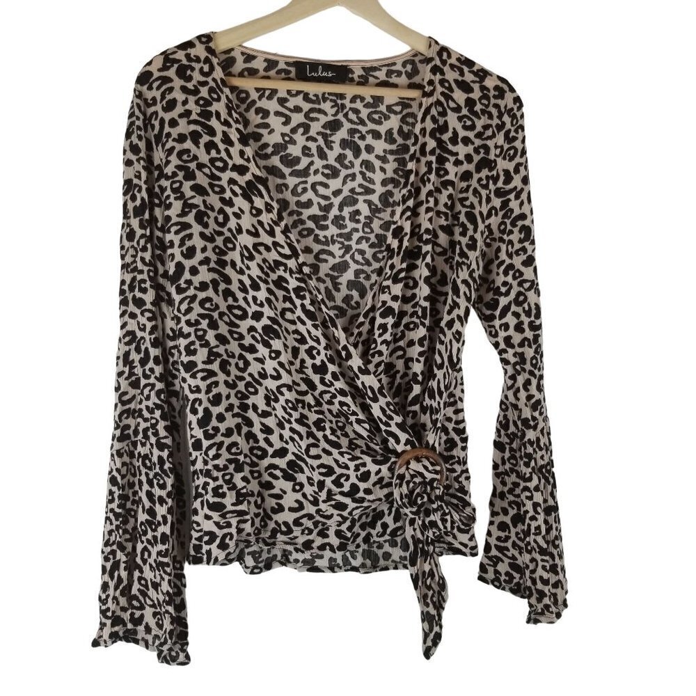 Lulus Shirt Womens Small Faux Wrap Cheetah Flared Sleeve Cream Black Classic